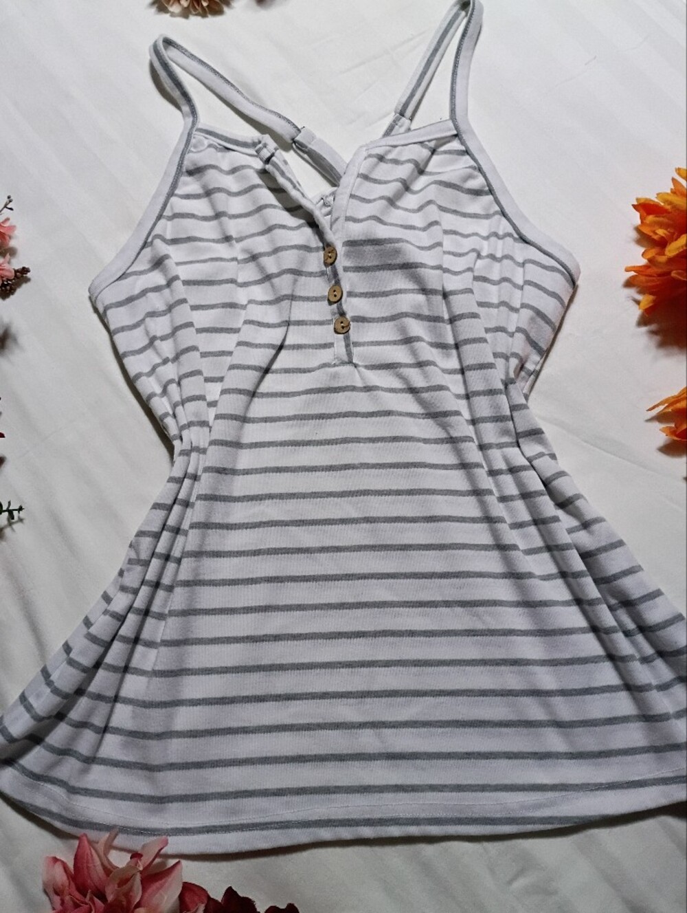 NWOT White Striped Double-Strap Button Cami